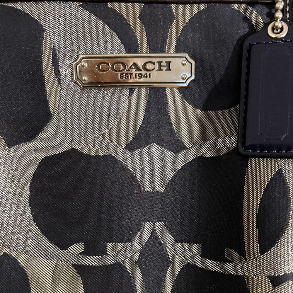 Coach Navy Blue & Silver Signature Jacquard Tote. Navy Blue Leather& Handles - Picture 3 of 13